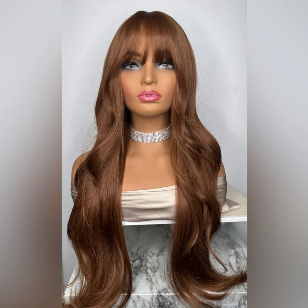 Long Mocha Brown Wig with Bangs – 30” Wavy Synthetic Hair, Natural Look